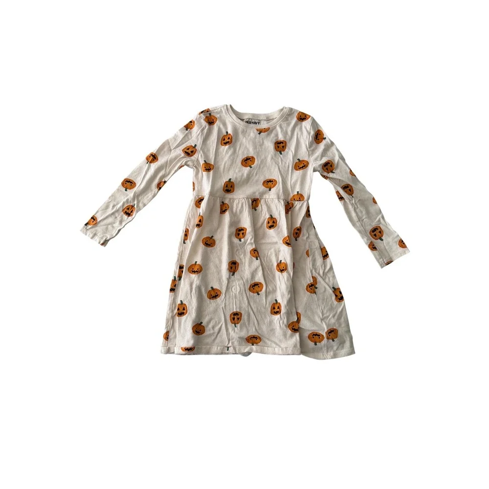 Old Navy Girls 5T Halloween Pumpkin Jack-O-Lantern‎ Long Sleeve Dress Cream
